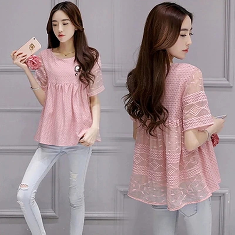 Новинка осени 2018 длинная шифоновая рубашка большого размера с коротким рукавом и