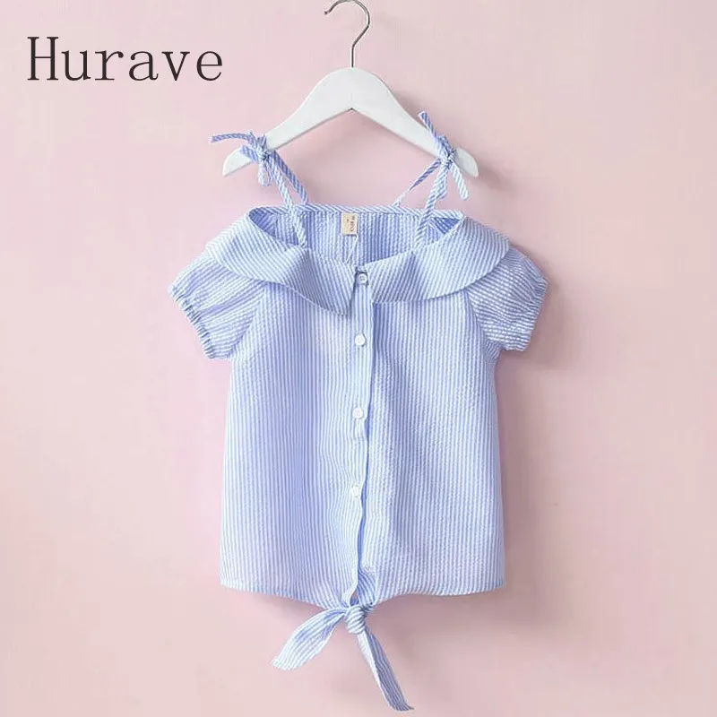 Hurave/Новинка 2019 года блузки в полоску с вырезом лодочкой и бантом для девочек