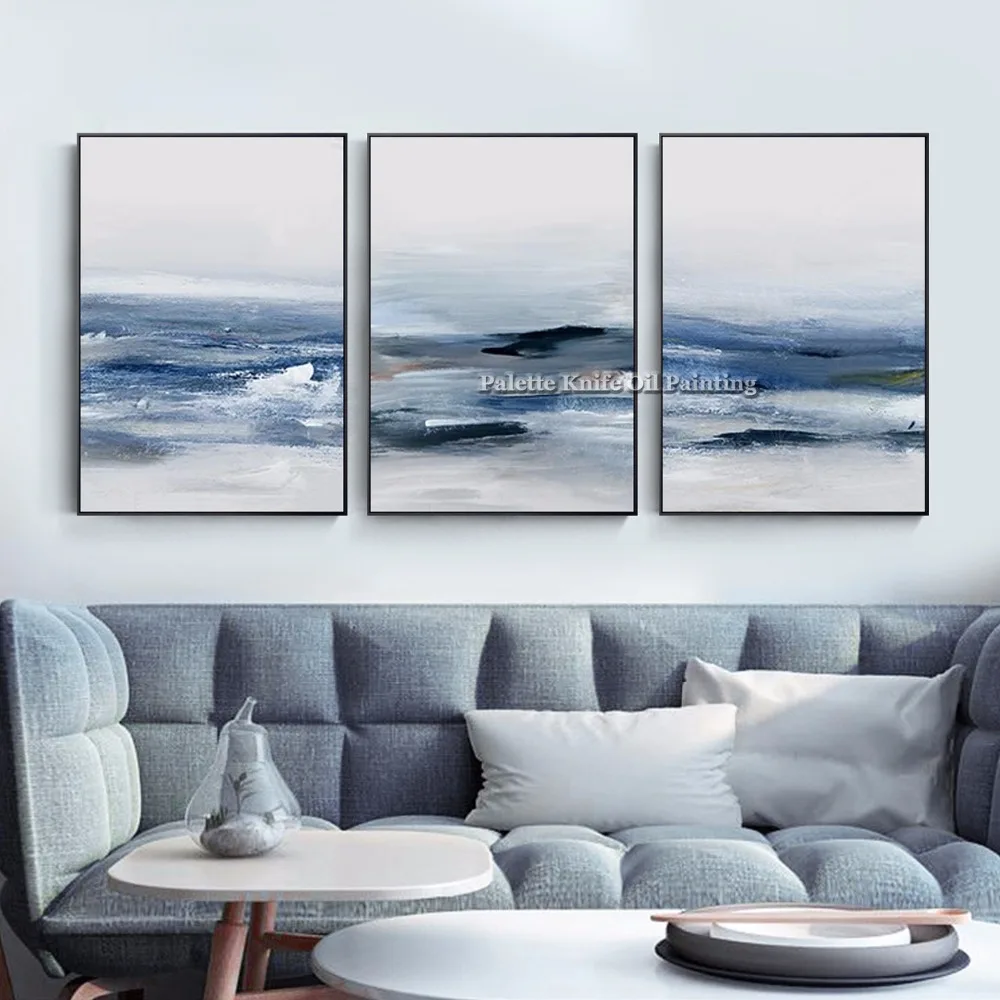 

3 Pieces Abstract Blue Acrylic Painting on Canvas Hand-painted Wall art Picture for Living Room Quadros Caudros Home Decoration