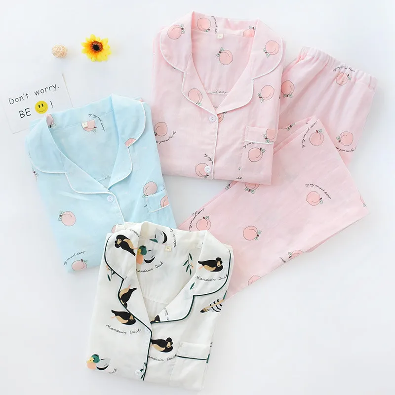 Пижамы весна и осень новые двойные газовые C страуса персик японский тонкий с