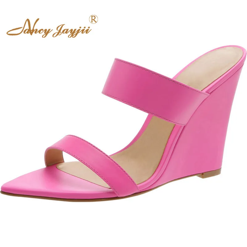 Розовые и неоновые зеленые босоножки на высокой танкетке женские шлепанцы с