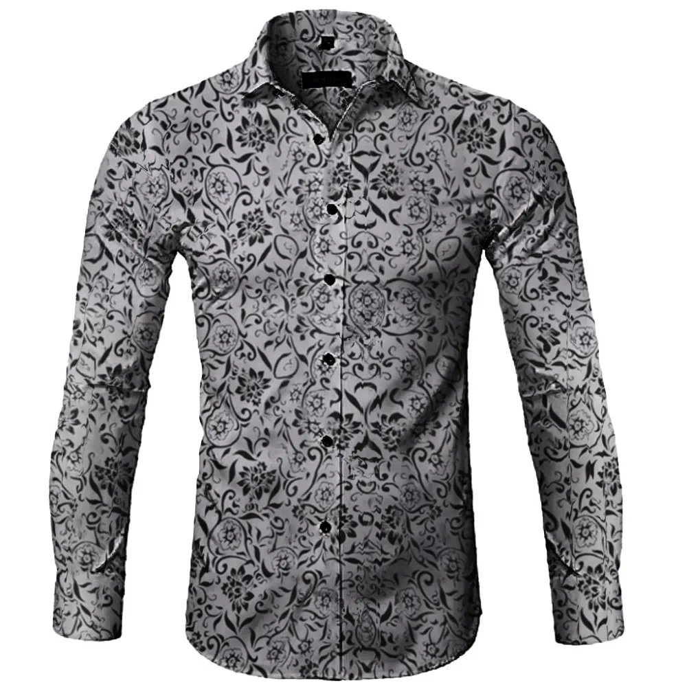 Мужская рубашка осень плюс размер Slim Fit рубашки мышцы с длинным рукавом цветочным принтом Мужская блузка Cothing Camisa Social Прямая C
