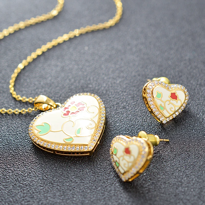 Sunny Jewelry Romantic Heart Set For Women Earrings Necklace Pendant Cubic Zirconia Enamel Wedding Gift | Украшения и аксессуары