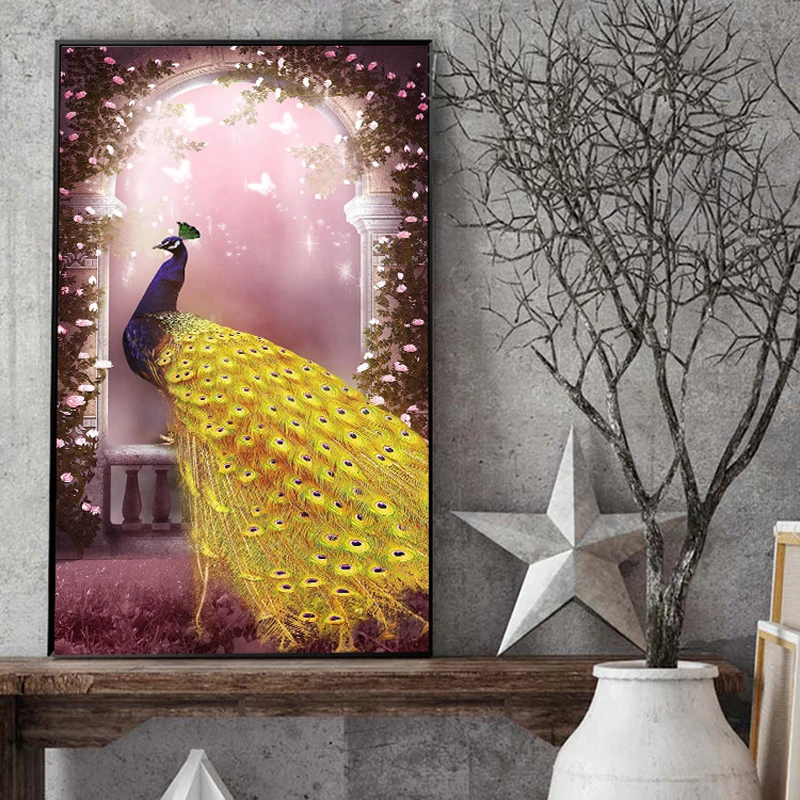 QIANZEHUI DIY Diamond Embroidery Round Golden peacock animal Full rhinestone 5D painting cross stitch needlework | Дом и сад
