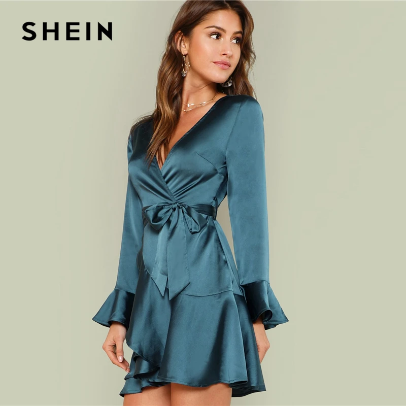 SHEIN синие вечерние, элегантные, сексуальные, с разрезом на спине, с оборкой спереди, с поясом, глубокий v-образный вырез, высокая талия, одноцветное осеннее платье для женщин
