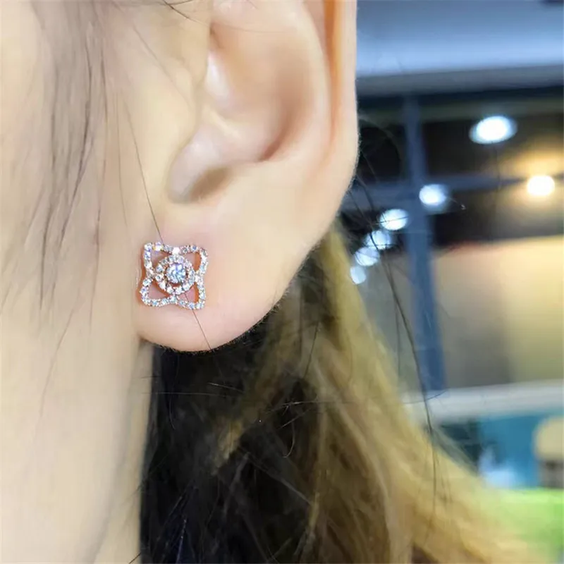 LASAMERO 0.3CTW Round Cut 18K Rose Gold Diamond Flower Pattern hollow Earrings Stud Fine Jewelry Earring Studs | Украшения и