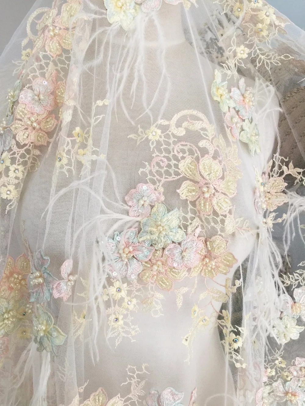 Роскошная 3D жемчужная бисерная кружевная ткань с перьями и Пастельной вышивкой