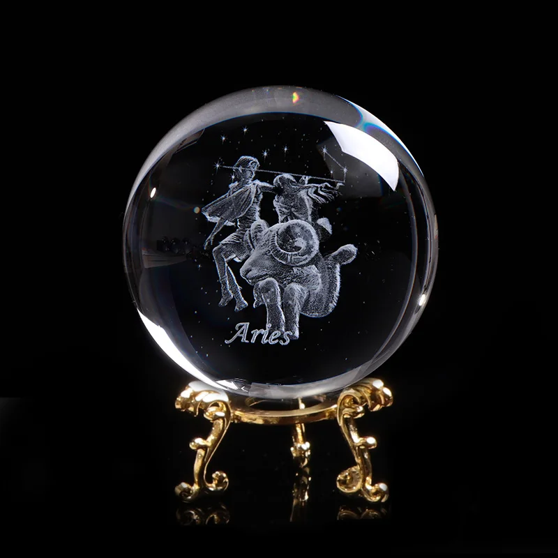 With gold base Кристалл 3D Знак зодиака Овен знаки шар стекло с лазерной гравировкой Сфера украшения дома Onarment светодиодный свет талисманы Глобус - Цвет: With gold base