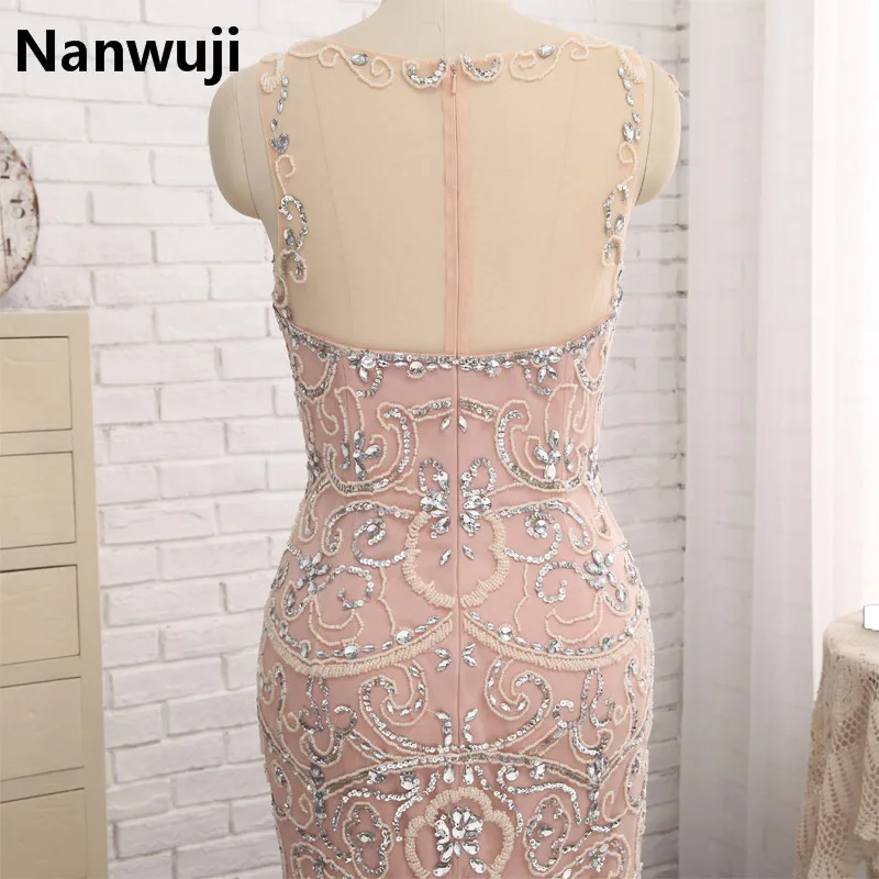

Luxury Rhinestone Mermaid Dubai Long Evening Dresses 2017 New Blush Crystal Beaded Pearl Sheer Prom Dress Vestido De Festa LX006