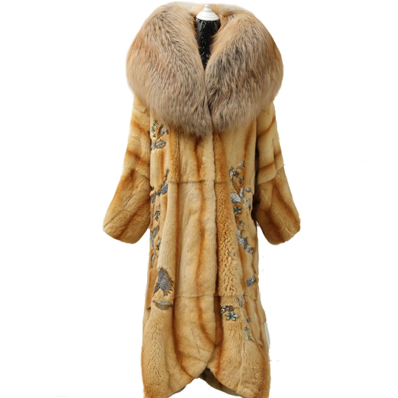 LVCHI 2019 Natural fur winter Long coat luxurious import Limited customization real mink Wild fox Collar Platinum grade fur coat