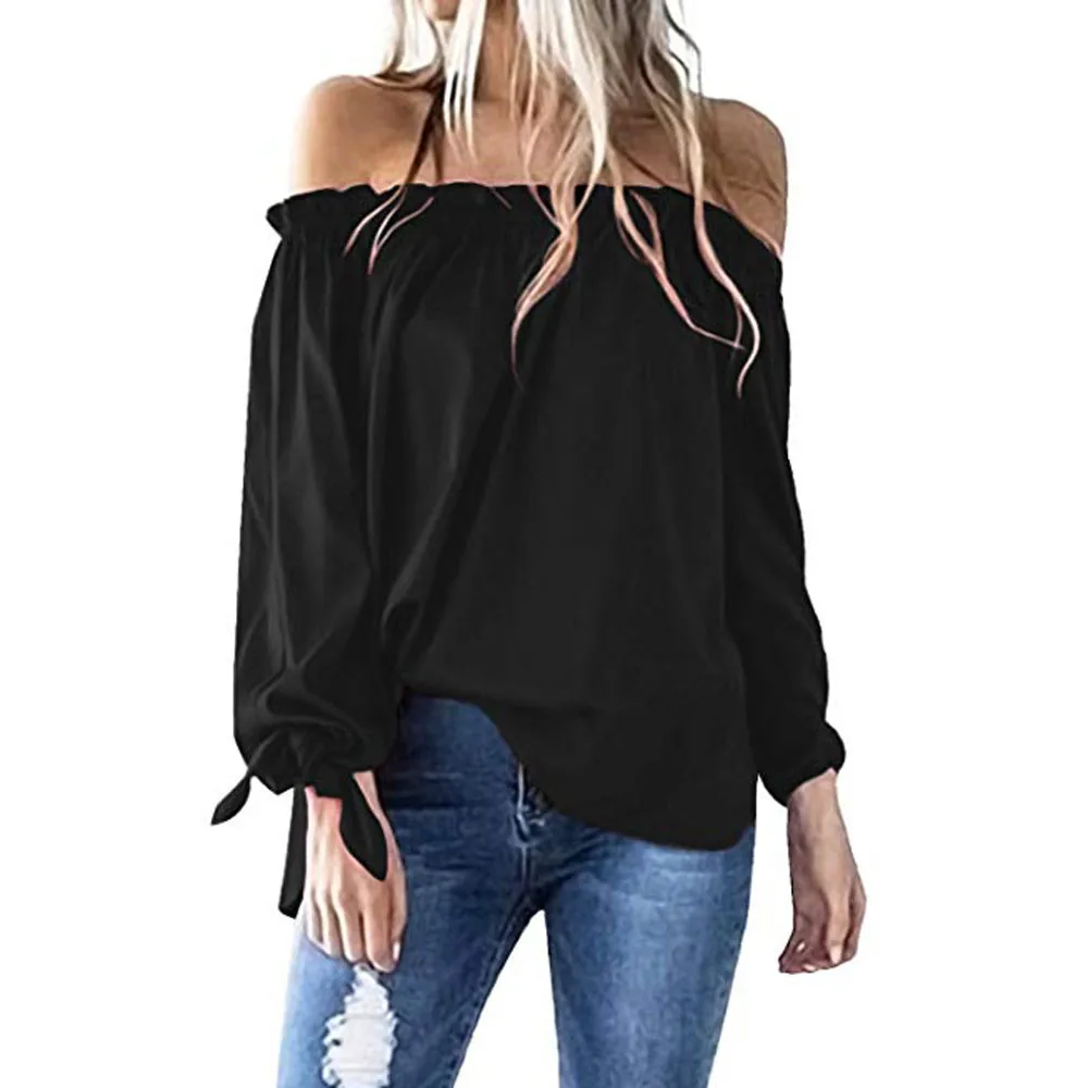 Женская Повседневная футболка из полиэстера с вырезом лодочкой и длинным