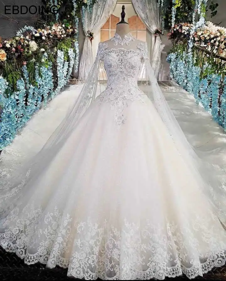 EBDOING Luxurious Lace Ball Gown Wedding Dress High Neckline Vestidos De Novia Custom Made Plus Size Bride Dress