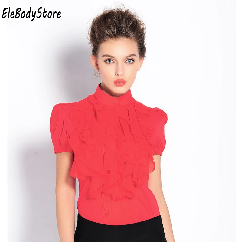 Женская офисная блузка с коротким рукавом и рюшами S-XL лето 2019 |