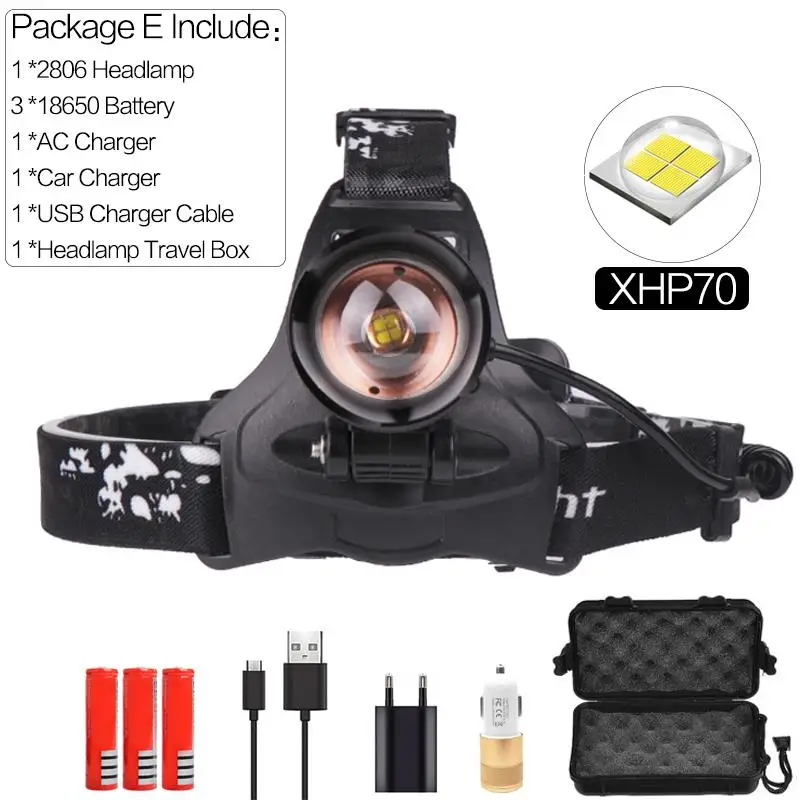 Package E XHP70 Мощный светодиодный налобный фонарь 4000лм, высокомощный налобный светильник, налобный фонарь, фонарик, налобный светильник с зумом для кемпинга, 3*18650 - Испускаемый цвет: Package E