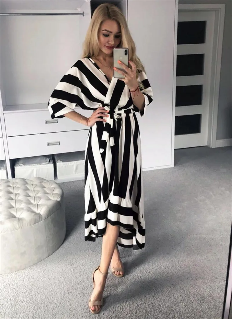 

COLDKER women summer dress striped v neck half sleeves cloth for female woman clothing casual dress
