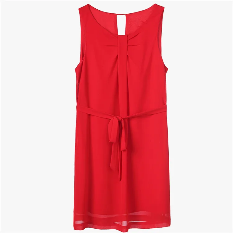 

2018 Sexy Chiffon Belt Sashes Solid Women Summer Dress Sleeveless O Neck Mini Bow Elegant Office Lady Girl Robes Vestidos Female