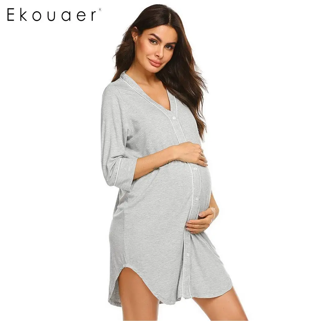 Gray Ekouaer, женская повседневная одежда для сна, летнее платье, одежда для сна, однотонное, v-образный вырез, кнопка, свободное, ночное платье, Женская сорочка, ночная рубашка - Цвет: Gray