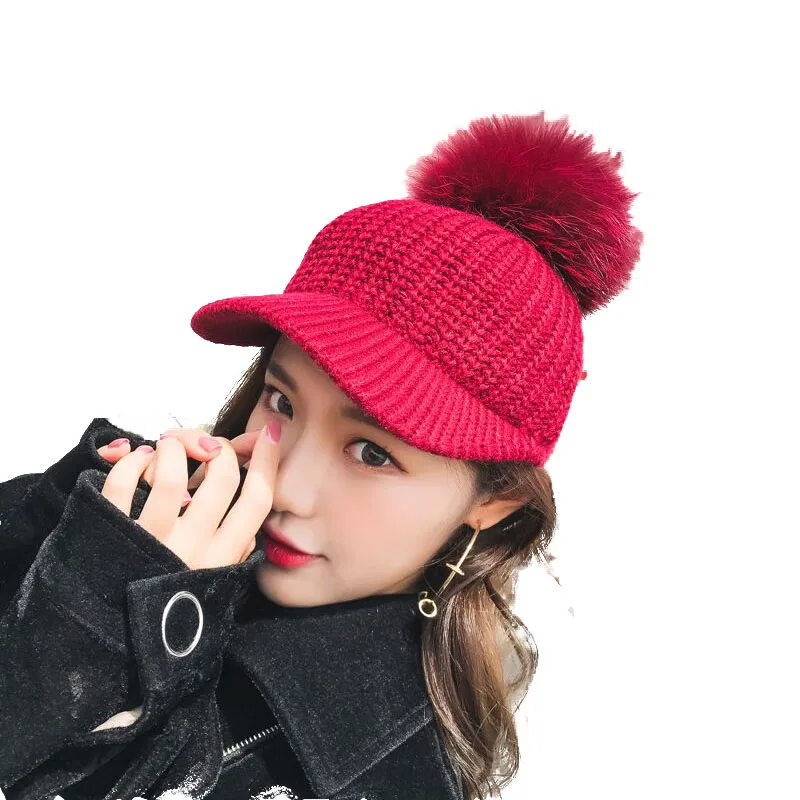 BINGYUANHAOXUAN Korean Hair ball Knitted wool cap Autumn hat women Keep warm Curved eaves Raccoon fur Peaked cap Baseball Caps