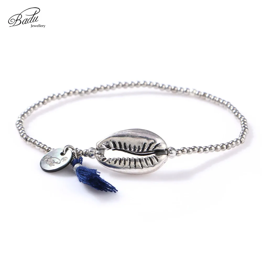 Badu ракушка браслет для женщин Сплав Бусины эластичная нить хлопок кисточка кулон