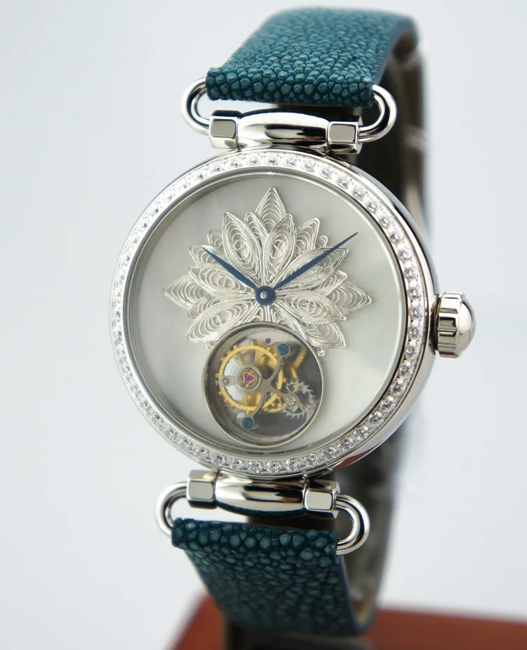 Женские часы Seagull tourbillon с серебряным перламутровым циферблатом синий кожаный