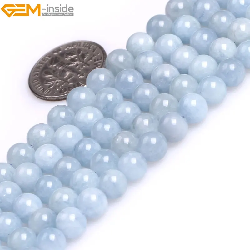 Gem-inside Natural Round Smooth Light Blue A Grade Aquamarine Quartz Beads for Jewelry Making 15'' DIY Jewellery Christmas Gift |