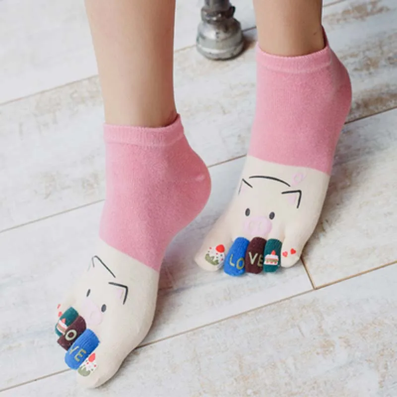 Женские носки милые короткие хлопковые с рисунком поросенка 5 пальцами забавные