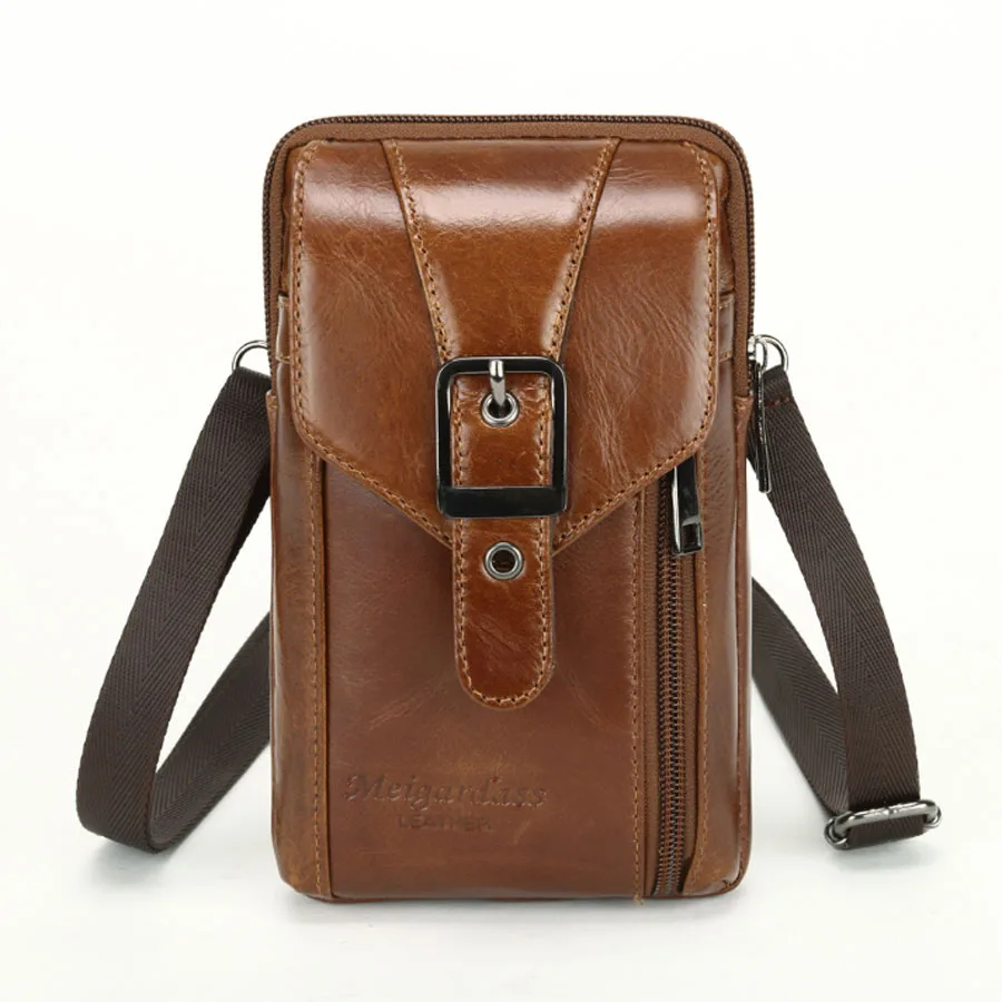 

Men Quality fashion Genuine Leather First Layer Cowhide Messenger Shoulder Bag Phone Cigarette Purse Hook Belt Waist Fanny Bag