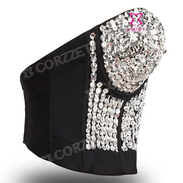 Женский бюстгальтер с чашками пуш-ап серебристый блестками и бусинами в стиле