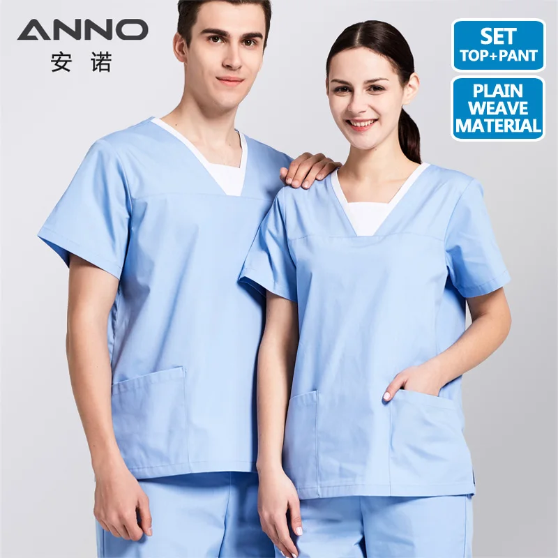 Plain Weave-Set ANNO синий медицинский скрабы с коротким рукавом Больничная одежда для женщин и мужчин униформа медсестры хирургический костюм логотип на заказ - Цвет: Plain Weave-Set