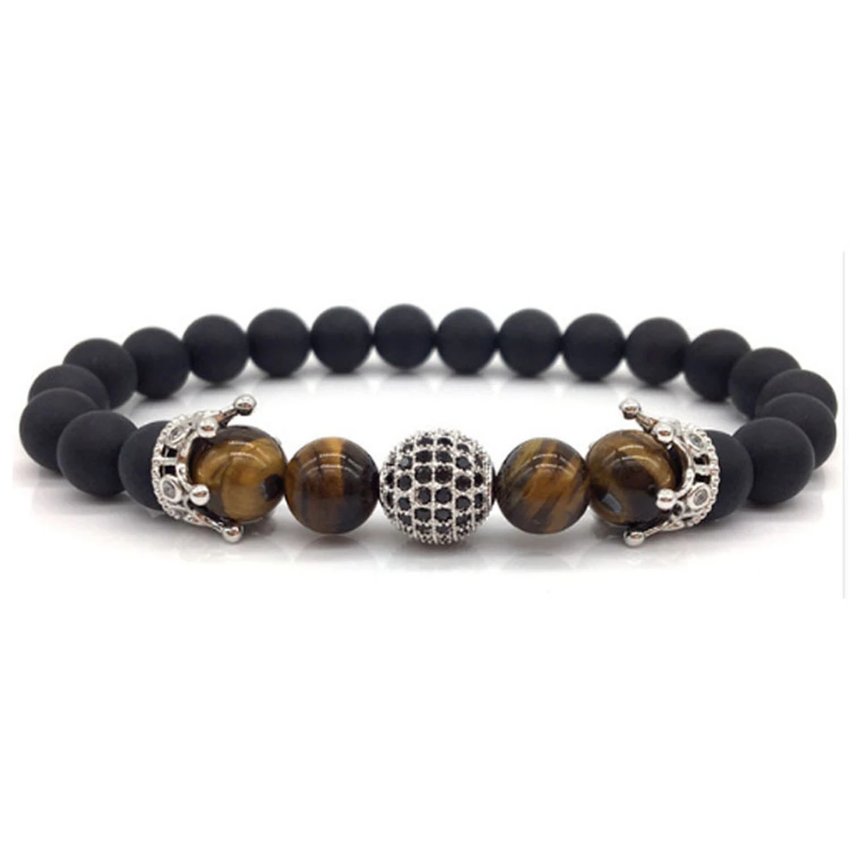 New Trendy Pave CZ King Crown Charm Bracelets Elasticity Adjust Size Men Natural Matte Onyx Stone Beads For Women Jewelry|Плетеные