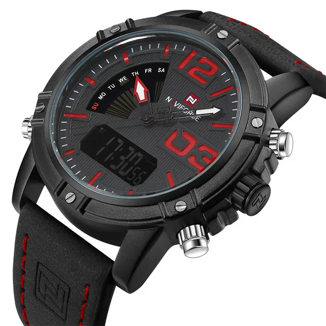 NAVIFORCE часы мужские роскошные брендовые кварцевые кожаные часы мужские спортивные часы армейские военные часы спортивные мужские часы 9095 saat - Цвет: Красный