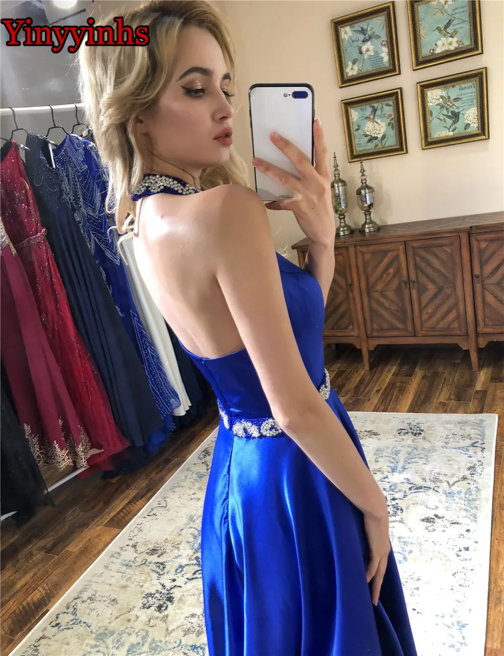 

Vestido De Festa Prom Dresses Satin A-Line Beaded Halter Backless Sparkly Prom Gowns 2020 Elegant Long Evening Formal Party Gown