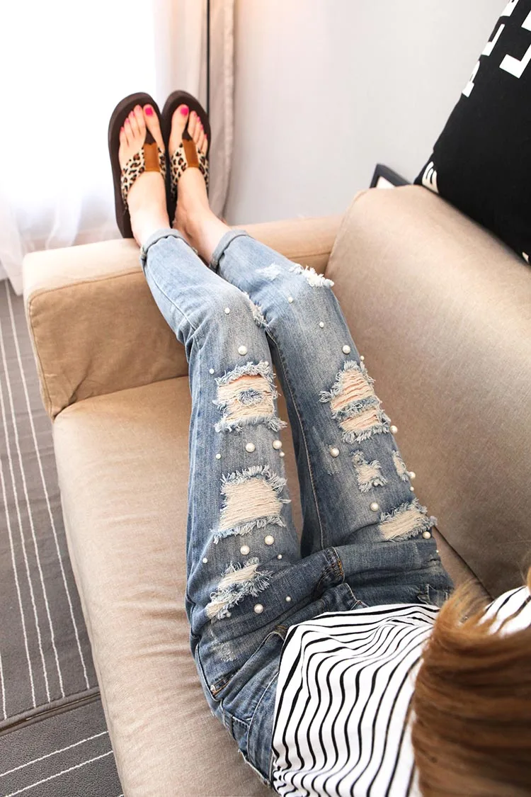 Женские облегающие джинсы бойфренды Синие рваные с бусинами корейская мода