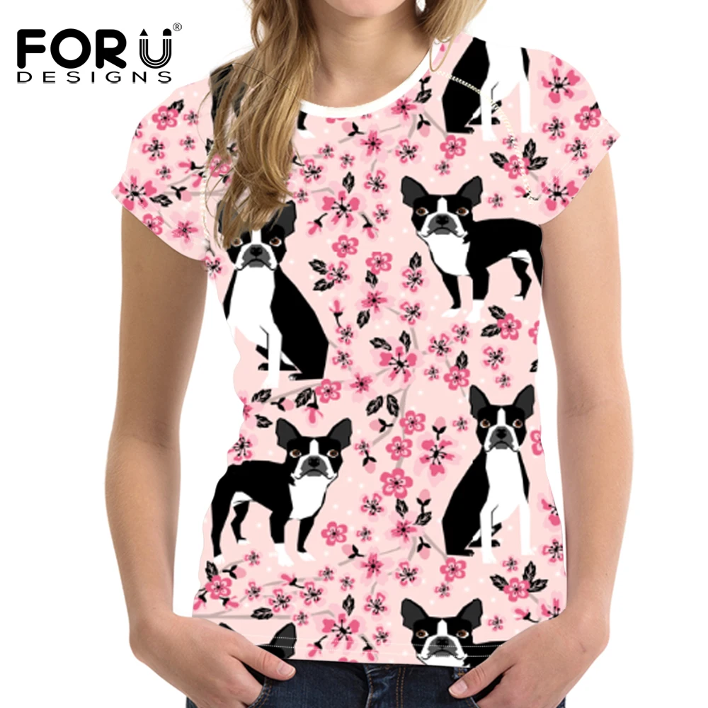 FORUDESIGNS T Shirt Women Boston Terrier Printing T-shirt Ladies O-neck Fashion Floral Tops Females Kawaii Tee shirt for Girls | Женская