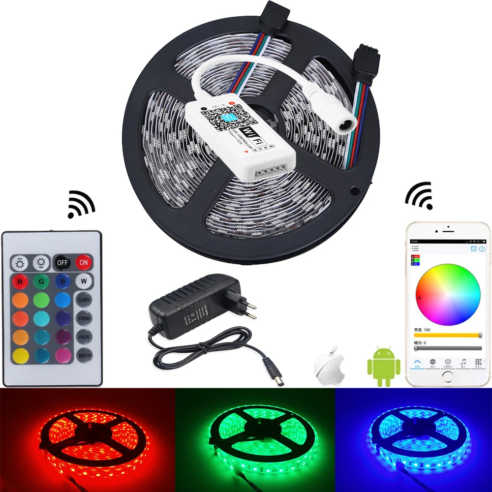 5 м RGB Светодиодная лента 5050 Водонепроницаемый Красочный Светодиодный свет RGB лента 60 светодиодный/м+ 24 клавиши wifi Пульт дистанционного управления+ 12 В 3A адаптер