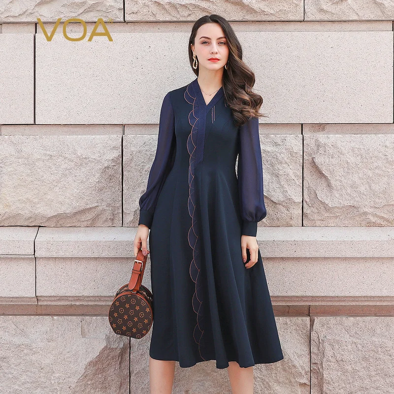 Женское Сетчатое плиссированное платье VOA средней длины из плотного шелка с v