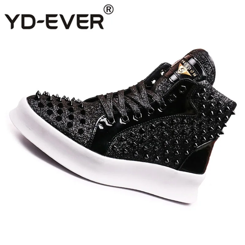 Elevator Rivet Stud Lace Up Skate Black Glitter Shoes Trainers Hip Hop Creepers Platform High Top Dandelion Sneakers Spike Men | Обувь