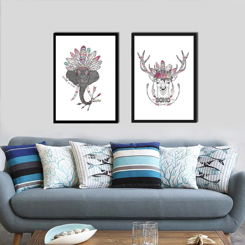 Индийские животные голова хиппи олень лошадь Зебра A4 без рамки холст живопись