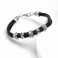 2018 new vintage rhinestone circles leather rope bracelet for men fashion jewelry punk style male charm bracelets gift