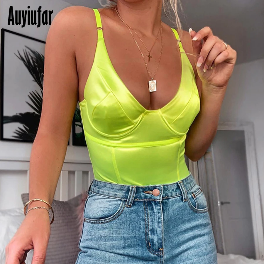Auyiufar неоновый зеленый боди Bodycon для женщин уличная v-образный вырез элегантная вещь лето черный женский летний комбинезон