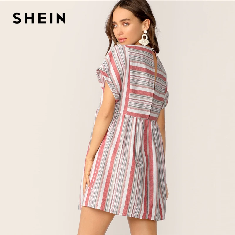 SHEIN Контрастное Полосатое Платье С Оригинальным Рукавом Женское Летнее Многоцветное Платье С Короткими Рукавами И Круглым Вырезом