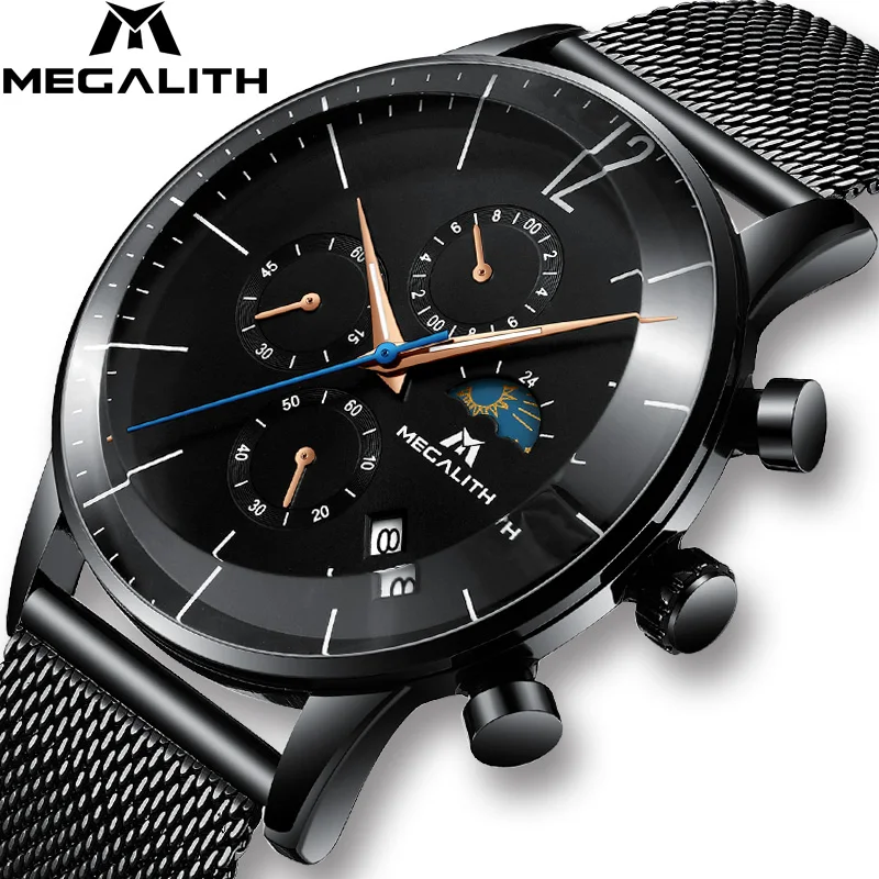 MEGALITH спортивные часы с хронографом, мужские модные водонепроницаемые часы Montre Homme, аналоговые кварцевые наручные часы с датой, мужские часы