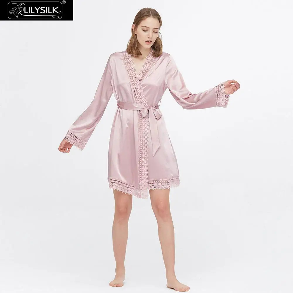 LilySilk шелковый халат 22 Momme Повседневная кружевная Роскошная Новая женская - Цвет: Rosy Pink