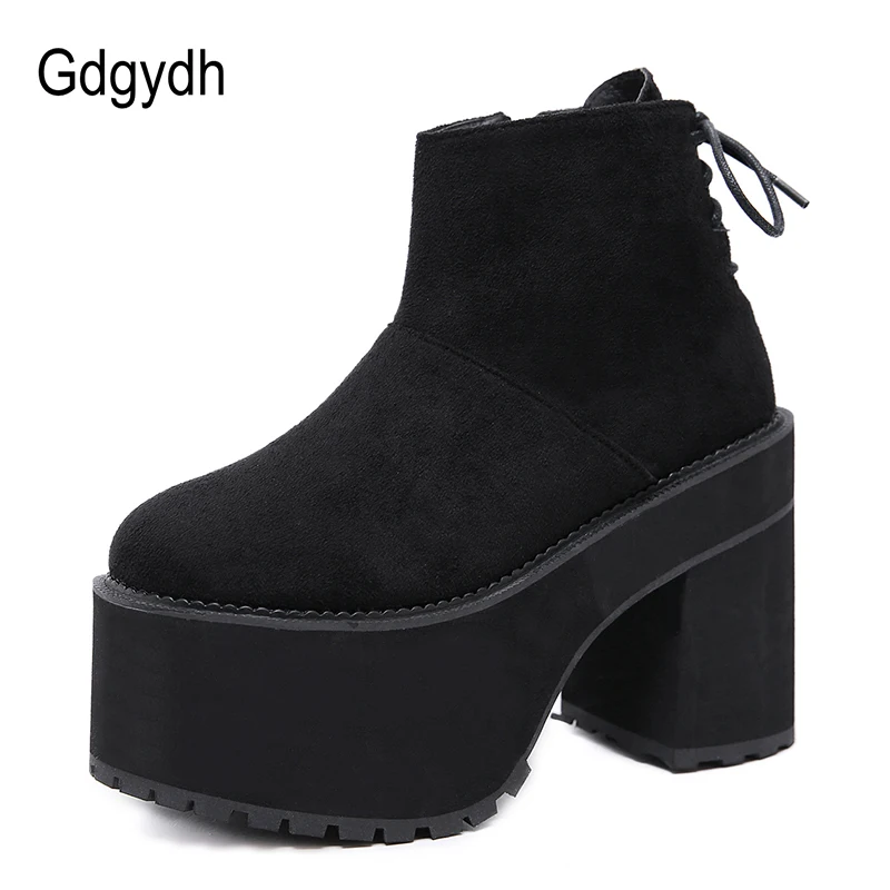 Gdgydh Fashion Thick Heels Black Boots Women Heel Ankle Platform Brand Designer Flock Ladies Shoes For Party Footwear | Обувь