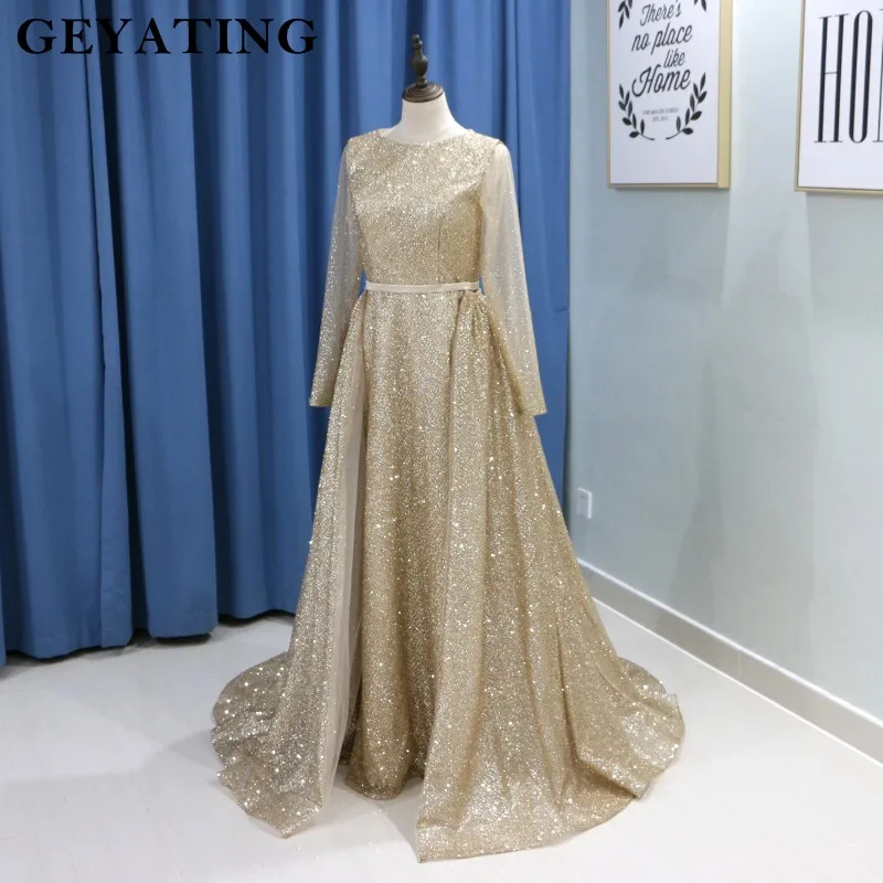 Блестящее Золотое вечернее платье с длинным рукавом в Дубае 2020 элегантные