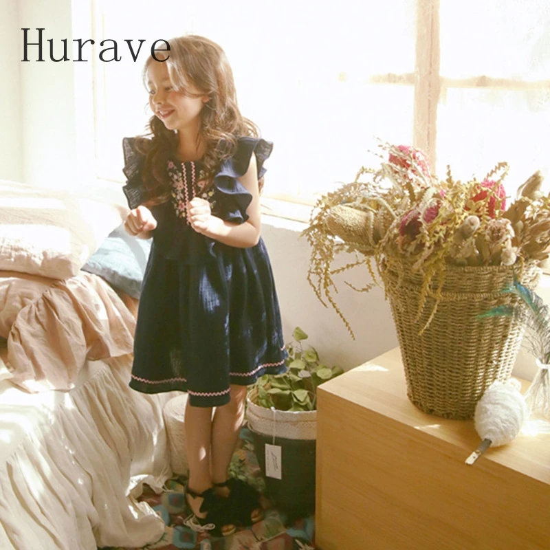 Hurave/лето 2019 г. Новинка платье для девочек с вышивкой и рукавами-крылышками одежда