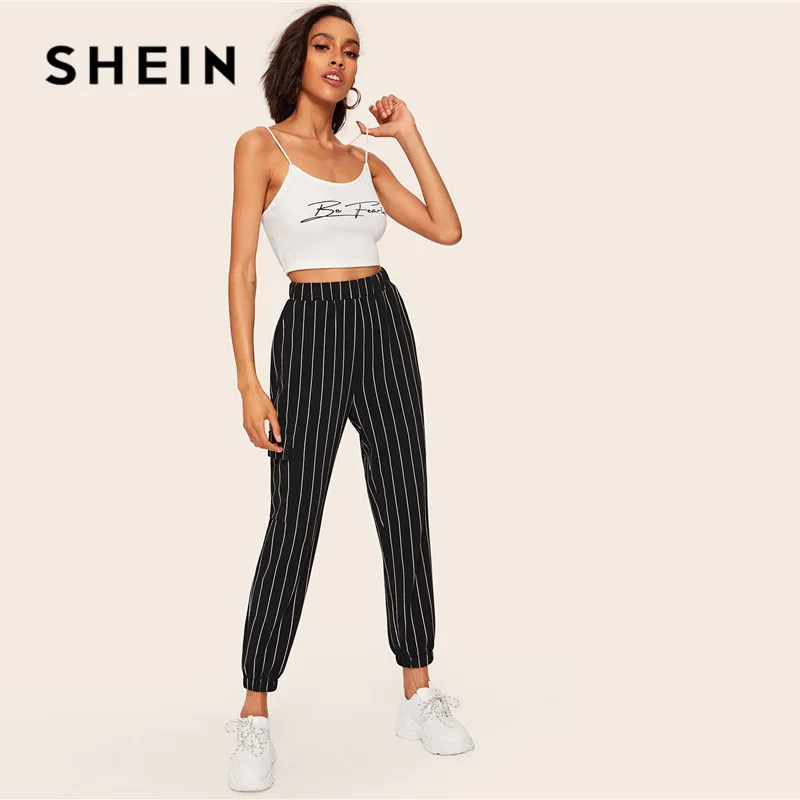 SHEIN Короткие Брюки В Полоску C Боковыми Карманами Женские Весенние Повседневные Брюки С Эластичным Поясом