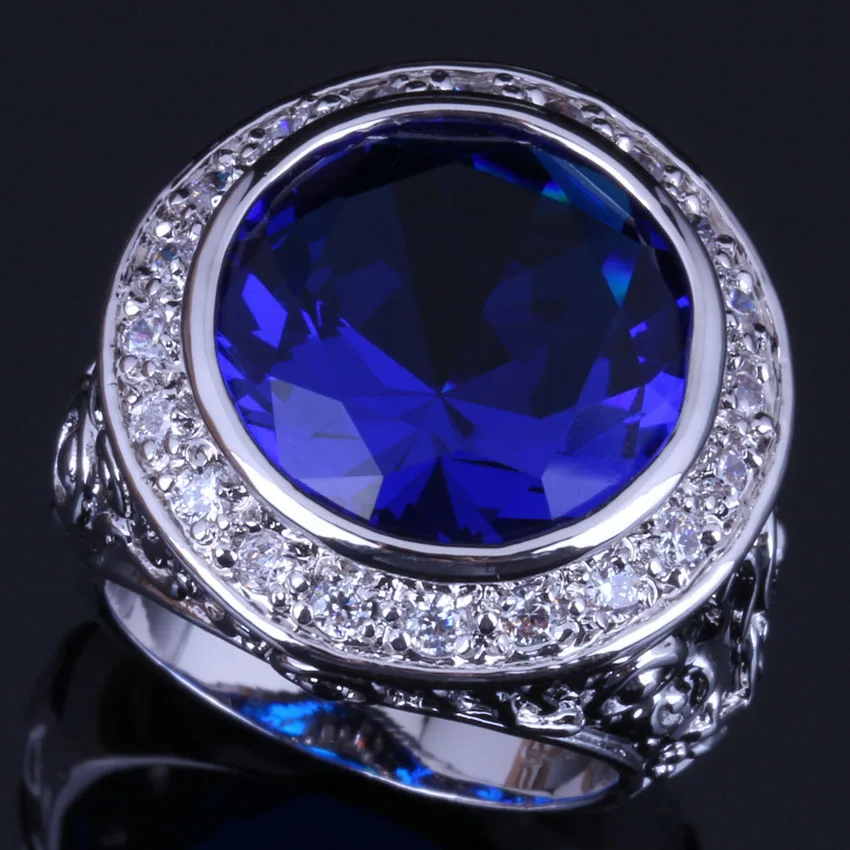 

Unusual Big Round Blue Cubic Zirconia White CZ Silver Plated Ring V0565