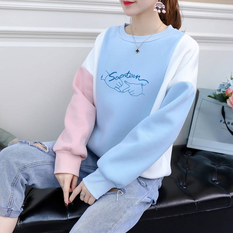 

Kawaii Tops hoodie Korean Star Seventeen Kpop Long Sleeve Contrast Color Hoodies Sweatshirt Women Harajuku O-neck Jumper