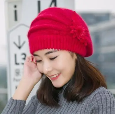 red BINGYUANHAOXUAN,, берет, высококачественный теплый зимний головной убор для женщин, береты на кроличьем меху, модные дамские головные уборы с цветком, женский берет - Цвет: red